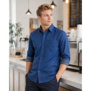 Raymond Mens Navy Blue Micro Dot Button Down Shirt Rainbow Trim Slim Fit L